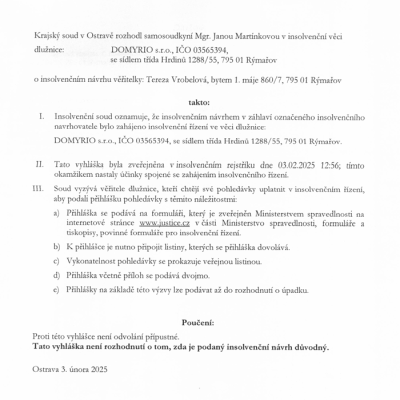 Vyhláška o zahájení Insolvenčního řízení vě věci dlužníka Domyrio