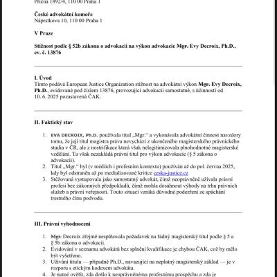 První strana dokumentu podaného European Justice Organization, který formálně zahajuje stížnost na výkon advokacie Mgr. Evy Decroix, Ph.D.,