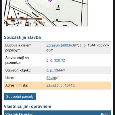 Katastr: Orlí hnízdo, nemovitost užívána  Ctiborem od 2017 až 2024
