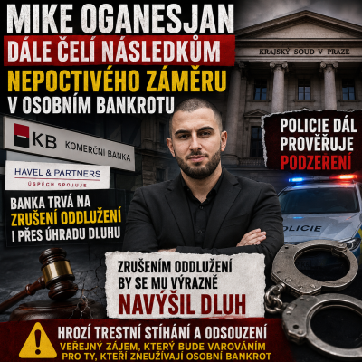 Mike Oganesjan dál čelí následkům podezření na nepoctivý záměr v oddlužení. Ve hře jsou dluhy, exekuce i trestní odpovědnost
