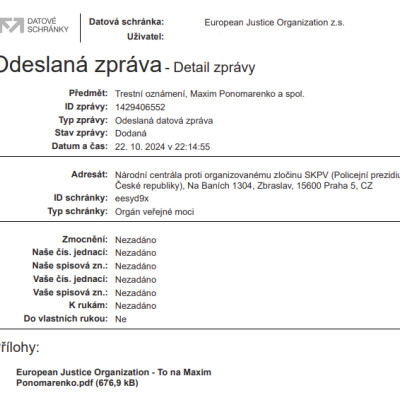 Trestní oznámení na Maxima Ponomarenka a MI ESTATE podané European Justice Organization